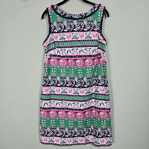 Talbots Womens Fringe Knee Length Sheath Dress Size 10 Green Pink Preppy Floral